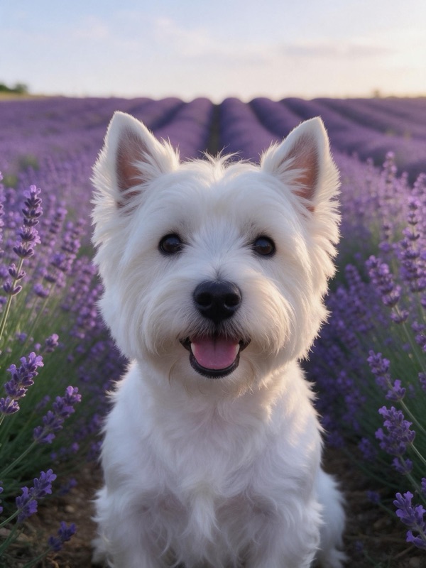 A white West Highland terrier sitting in a lavender field at golden hour, original photo