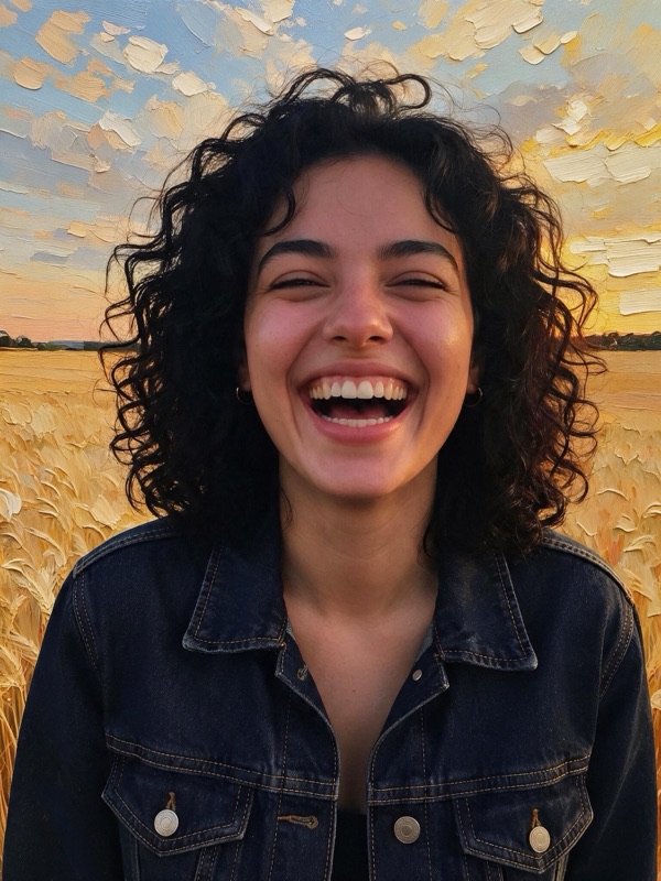 The same photo with the wheat field and sky repainted in thick impasto while the woman stays photographic
