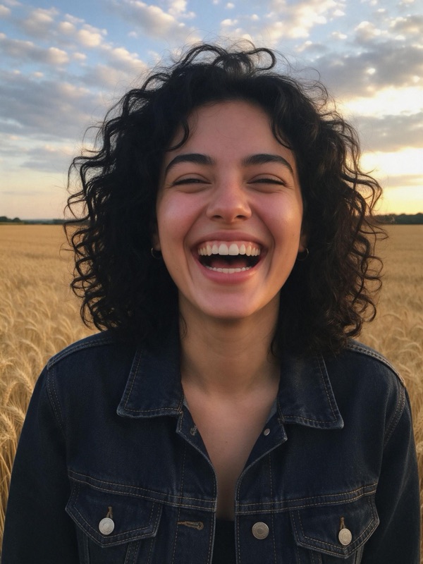 A laughing woman with curly hair in a denim jacket standing in a wheat field at sunset, original photo